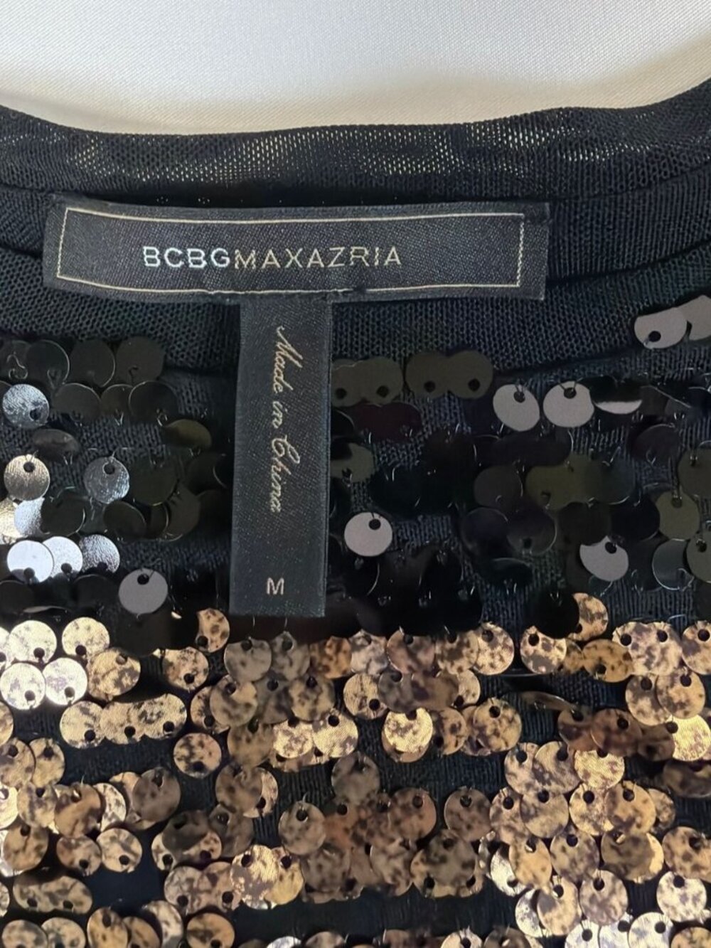 BCBGMAXAZRIA Women Medium Black Gold Sequin Striped Short Sleeve Mini Dress - Picture 3 of 6